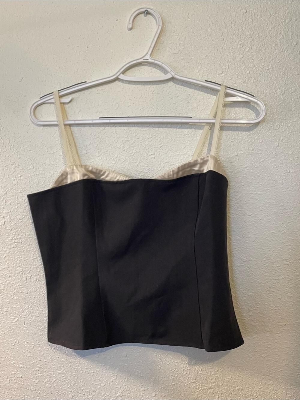 Black and Cream Satin-Trim Corseted Cami Top